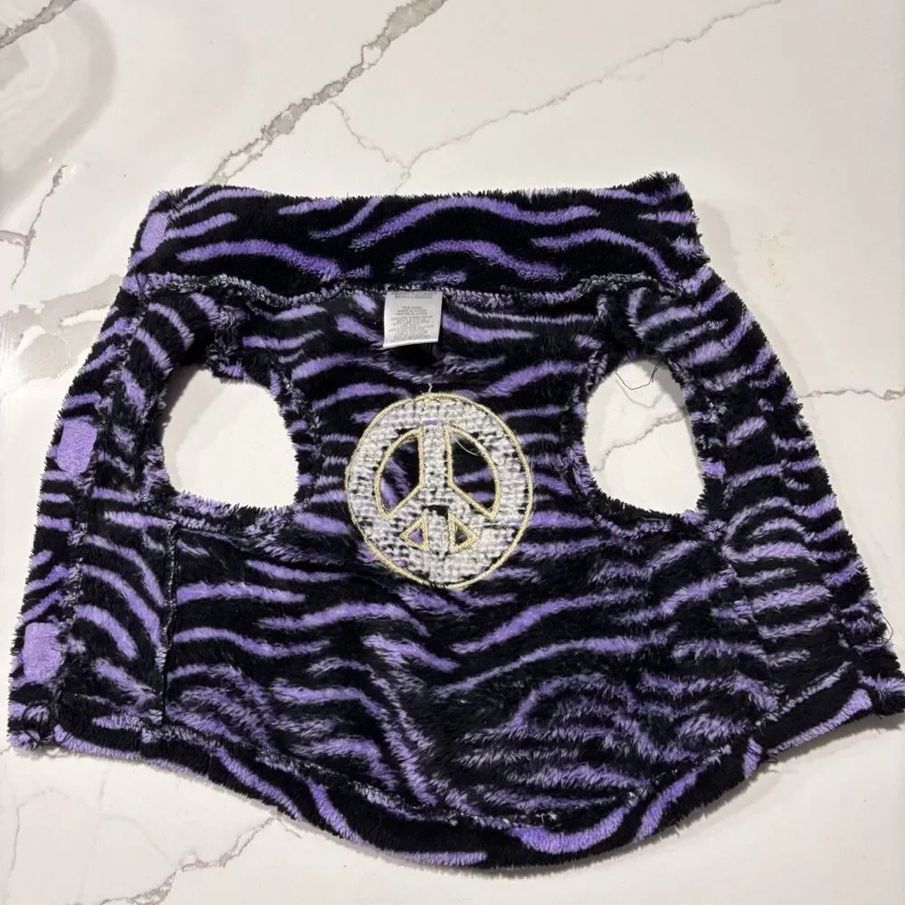 Fleece Dog Coat Jacket Sequins Peace Sign Tiger Striped Purple Black Gold Size S